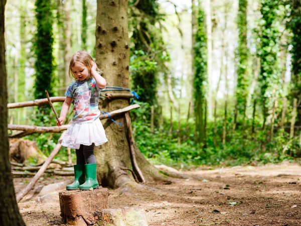 Little girl stood on a tree stump in the forest